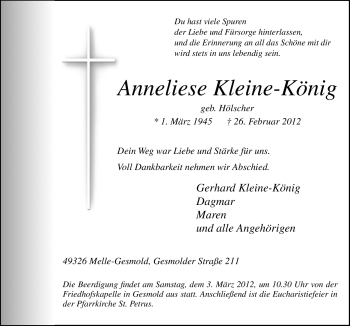 Traueranzeige von Anneliese Kleine-König von Neue Osnabrücker Zeitung