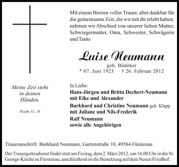 Traueranzeige von Luise Neumann von Neue Osnabrücker Zeitung