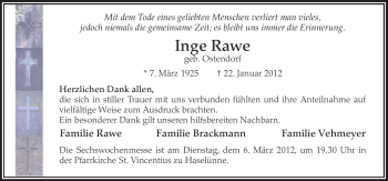 Traueranzeige von Inge Rawe von Neue Osnabrücker Zeitung