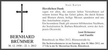 Traueranzeige von Bernhrad Brümmer von Neue Osnabrücker Zeitung