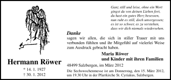 Traueranzeige von Hermann Röwer von Neue Osnabrücker Zeitung