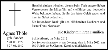 Traueranzeige von Agnes Thöle von Neue Osnabrücker Zeitung