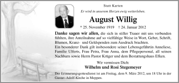 Traueranzeige von August Willig von Neue Osnabrücker Zeitung