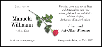 Traueranzeige von Manuela Willmann von Neue Osnabrücker Zeitung