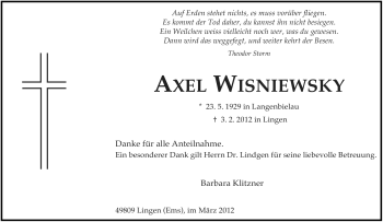 Traueranzeige von Axel Wisniewsky von Neue Osnabrücker Zeitung