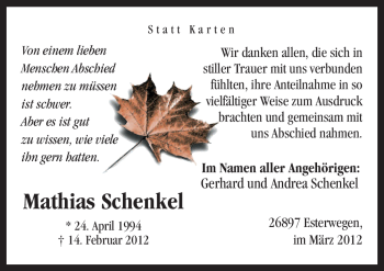 Traueranzeige von Mathias Gerhard Schenkel von Neue Osnabrücker Zeitung
