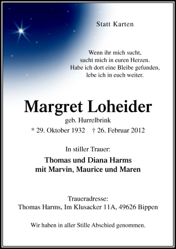 Traueranzeige von Margret Loheider von Neue Osnabrücker Zeitung