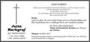 Traueranzeige von Jutta Markgraf von Neue Osnabrücker Zeitung