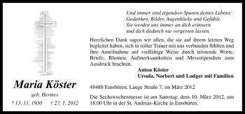 Traueranzeige von Maria Köster von Neue Osnabrücker Zeitung