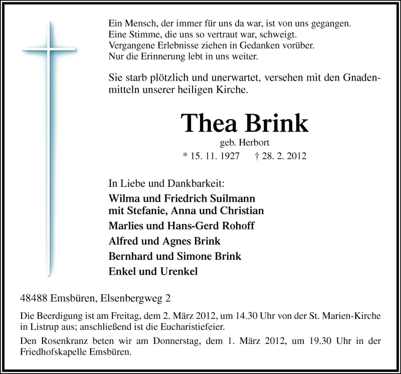  Traueranzeige für Thea Brink vom 01.03.2012 aus Neue Osnabrücker Zeitung