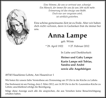 Traueranzeige von Anna Lampe von Neue Osnabrücker Zeitung