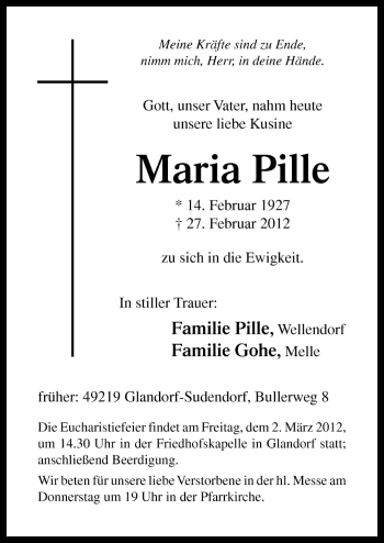 Traueranzeige von Maria Pille von Neue Osnabrücker Zeitung