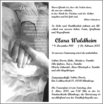 Traueranzeige von Clara Waldheim von Neue Osnabrücker Zeitung