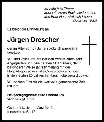 Traueranzeige von Jürgen Drescher von Neue Osnabrücker Zeitung