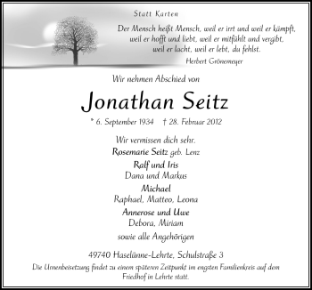 Traueranzeige von Jonathan Seitz von Neue Osnabrücker Zeitung