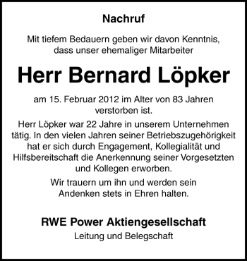 Traueranzeige von Bernard Löpker von Neue Osnabrücker Zeitung