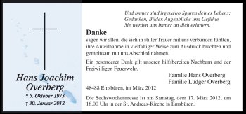 Traueranzeige von Hans Joachim Overberg von Neue Osnabrücker Zeitung