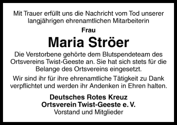 Traueranzeige von Maria Ströer von Neue Osnabrücker Zeitung