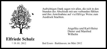 Traueranzeige von Elfriede Schulz von Neue Osnabrücker Zeitung