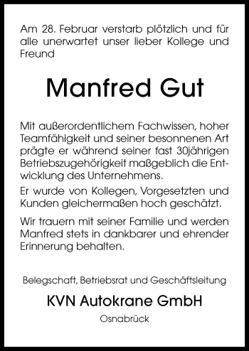 Traueranzeige von Manfred Gut von Neue Osnabrücker Zeitung