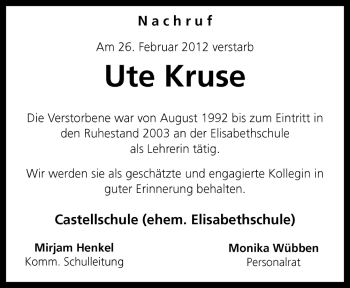 Traueranzeige von Ute Kruse von Neue Osnabrücker Zeitung