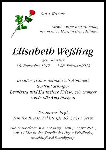 Traueranzeige von Elisabeth Weßling von Neue Osnabrücker Zeitung