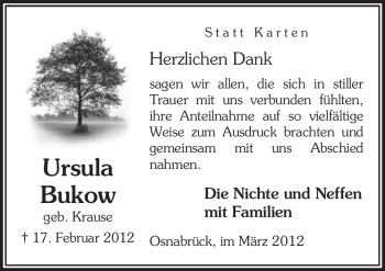 Traueranzeige von Ursula Bukow von Neue Osnabrücker Zeitung