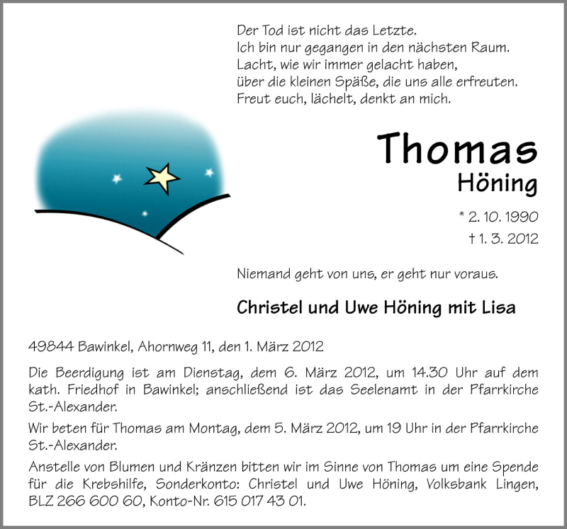  Traueranzeige für Thomas Höning vom 03.03.2012 aus Neue Osnabrücker Zeitung