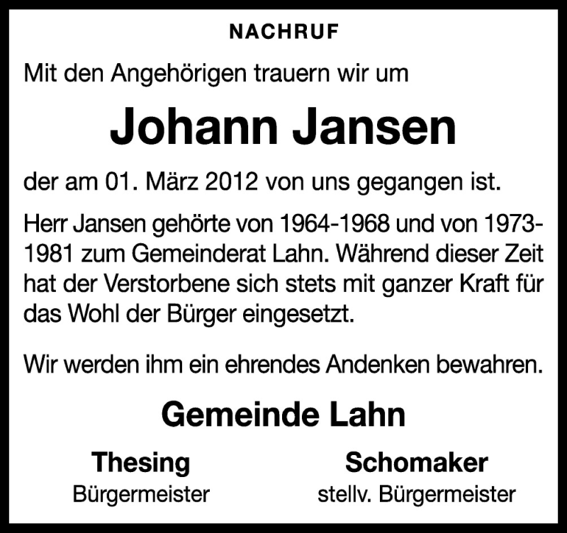  Traueranzeige für Johann Jansen vom 03.03.2012 aus Neue Osnabrücker Zeitung