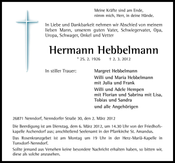 Traueranzeige von Hermann Hebbelmann von Neue Osnabrücker Zeitung