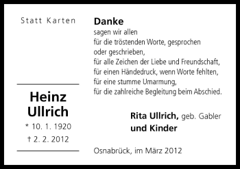 Traueranzeige von Heinz Ullrich von Neue Osnabrücker Zeitung