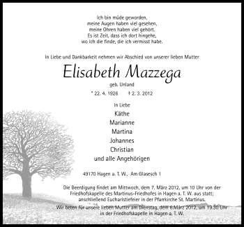 Traueranzeige von Elisabeth Mazzega von Neue Osnabrücker Zeitung