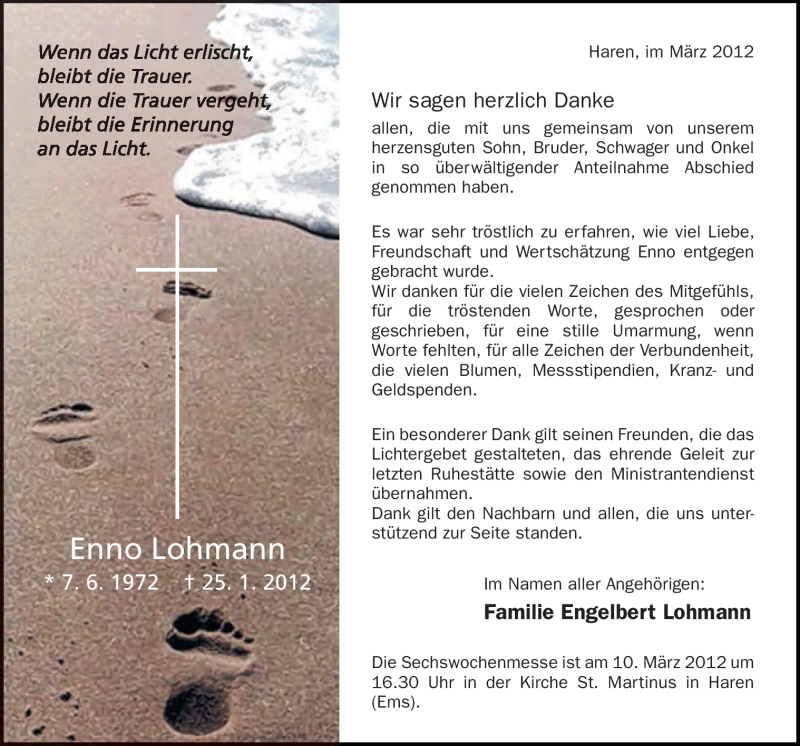  Traueranzeige für Enno Lohmann vom 07.03.2012 aus Neue Osnabrücker Zeitung