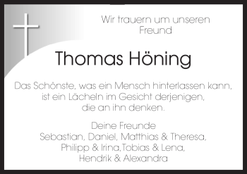 Traueranzeige von Thomas Höning von Neue Osnabrücker Zeitung