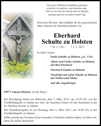Traueranzeige von Eberhard Schulte zu Holsten von Neue Osnabrücker Zeitung