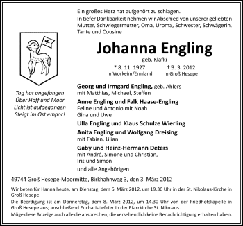 Traueranzeige von Johanna Engling von Neue Osnabrücker Zeitung