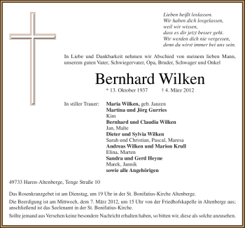 Traueranzeige von Bernhard Wilken von Neue Osnabrücker Zeitung