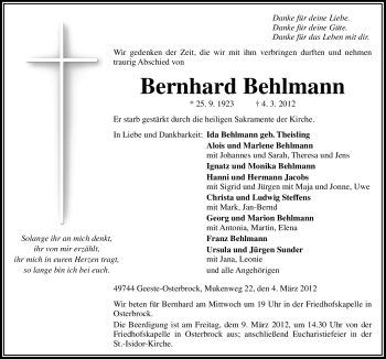 Traueranzeige von Bernhard Behlmann von Neue Osnabrücker Zeitung