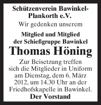 Traueranzeige von Thomas Höning von Neue Osnabrücker Zeitung