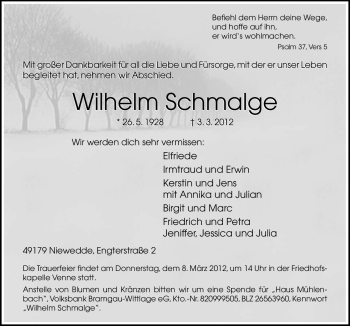 Traueranzeige von Wilhelm Schmalge von Neue Osnabrücker Zeitung