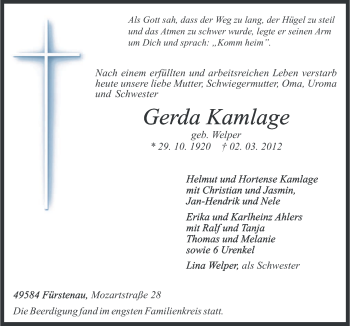 Traueranzeige von Gerda Kamlage von Neue Osnabrücker Zeitung