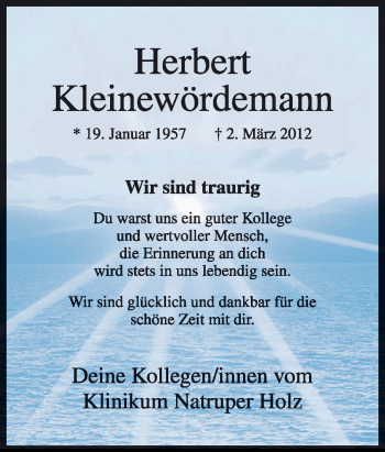 Traueranzeige von Herbert Kleinewördemann von Neue Osnabrücker Zeitung
