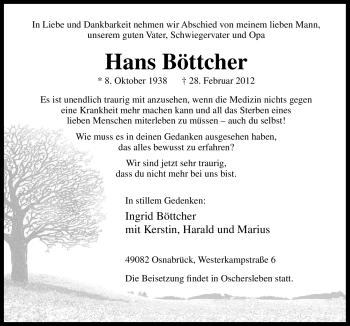 Traueranzeige von Hans Böttcher von Neue Osnabrücker Zeitung