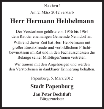 Traueranzeige von Hermann Hebbelmann von Neue Osnabrücker Zeitung