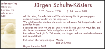 Traueranzeige von Jürgen Schulte-Kösters von Neue Osnabrücker Zeitung