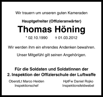 Traueranzeige von Thomas Höning von Neue Osnabrücker Zeitung