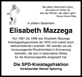 Traueranzeige von Elisabeth Mazzega von Neue Osnabrücker Zeitung