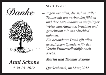 Traueranzeige von Anni Schone von Neue Osnabrücker Zeitung