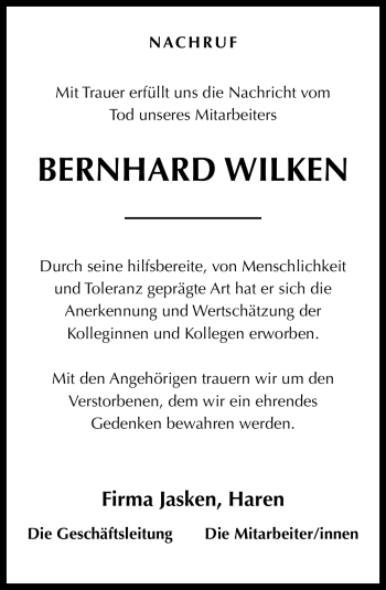 Traueranzeige von Bernhard Wilken von Neue Osnabrücker Zeitung