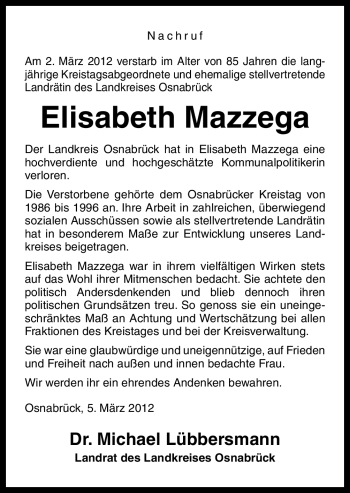 Traueranzeige von Elisabeth Mazzega von Neue Osnabrücker Zeitung